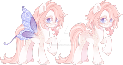 Size: 1024x544 | Tagged: safe, artist:miioko, derpibooru import, oc, oc only, pony, butterfly wings, deviantart watermark, duo, obtrusive watermark, raised hoof, raised leg, simple background, transparent background, watermark, wings