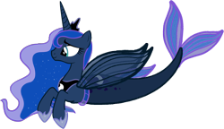 Size: 2177x1250 | Tagged: safe, artist:saphirabjarskular, derpibooru import, princess luna, alicorn, merpony, clothes, crown, dorsal fin, ethereal mane, female, fin wings, fins, fish tail, flowing mane, flowing tail, green eyes, hoof shoes, horn, jewelry, mare, mermaid tail, regalia, seaponified, seapony luna, see-through, simple background, smiling, solo, species swap, starry mane, tail, transparent background, wings