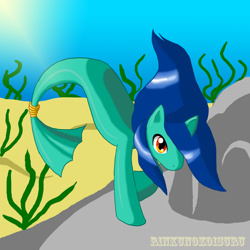 Size: 1220x1220 | Tagged: safe, artist:rinkunokoisuru, derpibooru import, oc, oc only, hippocampus, hybrid, merpony, sea pony, seapony (g4), blank flank, blue mane, crepuscular rays, fish tail, flowing mane, flowing tail, male, ocean, red eyes, rock, sand, seaweed, solo, sunlight, swimming, tail, underwater, water