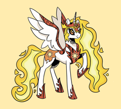 Size: 1902x1701 | Tagged: safe, artist:heatherberserker, derpibooru import, daybreaker, alicorn, pony, female, mane of fire, mare, raised hoof, raised leg, simple background, solo, yellow background