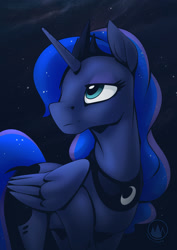 Size: 955x1351 | Tagged: safe, artist:mysticalpha, derpibooru import, princess luna, pony, night, solo, stars