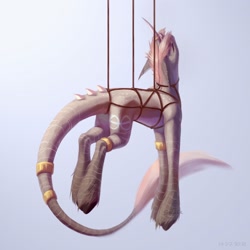 Size: 2160x2160 | Tagged: safe, artist:inarimayer, derpibooru import, oc, oc only, pony, unicorn, bondage, horn, horn ring, leonine tail, ring, rope, rope bondage, shibari, solo, suspended, suspension bondage, tail, unicorn oc