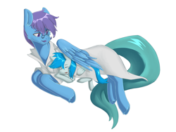 Size: 4252x3189 | Tagged: safe, artist:eta, derpibooru import, oc, oc only, oc:dr.lancet dois, oc:dr.picsell dois, pegasus, clothes, father and child, father and son, lab coat, lying down, lying on top of someone, male, parent and child, simple background, sleeping, sleepy, stallion, unshorn fetlocks, white background, wings