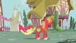 Size: 640x360 | Tagged: safe, derpibooru import, screencap, apple bloom, big macintosh, earth pony, pony, hearts and hooves day (episode), season 2, animated, apple bloom's bow, bouncing, bow, duo, eyes closed, female, filly, foal, gif, gifs.com, hair bow, jumping, male, pronking, smiling, stallion