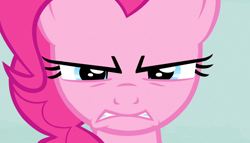 Size: 1258x720 | Tagged: safe, derpibooru import, screencap, pinkie pie, earth pony, pony, season 5, the cutie map, close-up, looking at you, narrowed eyes, pinkie pie is not amused, solo, unamused