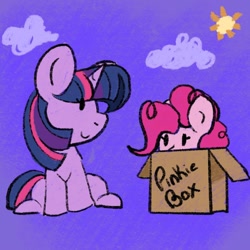 Size: 1000x1000 | Tagged: safe, artist:orbitingdamoon, derpibooru import, pinkie pie, twilight sparkle, twilight sparkle (alicorn), alicorn, earth pony, pony, unicorn, box, duo, pony in a box