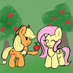 Size: 1000x1000 | Tagged: safe, artist:orbitingdamoon, derpibooru import, applejack, fluttershy, earth pony, pegasus, pony, apple, apple tree, duo, food, tree