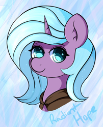 Size: 1110x1376 | Tagged: safe, artist:orbitingdamoon, derpibooru import, idw, radiant hope, crystal pony, pony, unicorn, bust, eyebrows, eyebrows visible through hair, female, looking at you, mare, smiling, smiling at you, solo