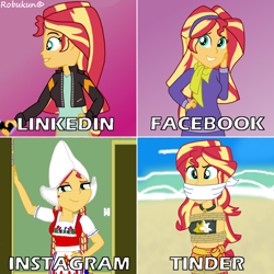Size: 1000x1000 | Tagged: safe, artist:robukun, derpibooru import, edit, edited edit, sunset shimmer, equestria girls, angry, bondage, bound and gagged, cloth gag, clothes, daphne blake, dolly parton challenge, dress, dressup, dutch, facebook, female, gag, grin, hand on hip, happy, instagram, linkedin, looking at someone, looking at something, looking at you, looking up, meme, multeity, narrowed eyes, photoshop, rope, ropes, smiling, smiling at you, solo, struggling, tied up, tinder