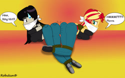 Size: 3098x1936 | Tagged: safe, artist:robukun, derpibooru import, sunset shimmer, human, equestria girls, arm behind back, ass, bondage, bound and gagged, butt, cloth gag, crossover, female, gag, hino rei, muffled words, rope, ropes, sailor moon, struggling, sweat, sweatdrop, tied up