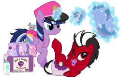Size: 2372x1652 | Tagged: safe, artist:mommymidday, derpibooru import, twilight sparkle, oc, oc only, oc:paddy sparkle, oc:shatter misty cloud, alicorn, pegasus, pony, adult foal, clothes, commission, costume, diaper, diaper bag, diaper change, diaper fetish, diaper package, duo, duo female, female, fetish, foal powder, glowing, glowing horn, horn, kigurumi, levitation, magic, pacifier, poofy diaper, shatter (transformers), simple background, smiling, telekinesis, transformers, transparent background