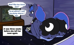 Size: 2695x1627 | Tagged: safe, alternate version, artist:pencilfriend, derpibooru import, princess luna, alicorn, ass, bed, butt, controller, crown, cutie mark, dialogue, elden ring, jewelry, large butt, moonbutt, regalia, sfw version, solo, television, the ass was fat, video game