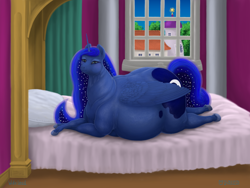 Size: 1400x1050 | Tagged: safe, artist:soobel, derpibooru import, princess luna, alicorn, pony, bedroom eyes, belly, big belly, fat, looking at you, lying down, neck roll, obese, princess moonpig, prone, solo, thick