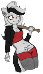 Size: 543x938 | Tagged: safe, artist:marsminer, derpibooru import, oc, oc:strelka, anthro, baseball bat, belly button, cigarette, clothes, fishnet stockings, horns, jacket, short shirt, shorts, tattoo, two toned mane, womb tattoo