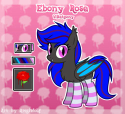 Size: 935x854 | Tagged: safe, artist:amgiwolf, derpibooru import, oc, oc only, oc:ebony rose, bat pony, chest fluff, clothes, cute, cutie mark, ear tufts, fangs, reference sheet, socks, striped socks, watermark