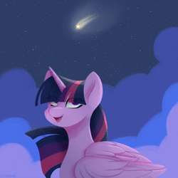Size: 2500x2500 | Tagged: safe, artist:chickenbrony, derpibooru import, twilight sparkle, twilight sparkle (alicorn), alicorn, pony, cloud, female, horn, looking up, mare, night sky, open mouth, open smile, shooting star, sky, smiling, solo, stars, wings