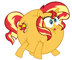 Size: 465x388 | Tagged: safe, artist:theinflater19, derpibooru import, edit, sunset shimmer, alicorn, pony, feeling pinkie keen, backwards cutie mark, female, inflation, mare, shocked, simple background, solo, transparent background