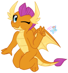 Size: 1433x1522 | Tagged: safe, artist:rainbow eevee, derpibooru import, smolder, dragon, cute, dragoness, female, one eye closed, peace, simple background, smolderbetes, solo, spread wings, transparent background, vector, wings, wink