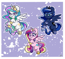 Size: 2473x2244 | Tagged: safe, artist:lou, derpibooru import, princess cadance, princess celestia, princess luna, alicorn, pony, female, flying, freckles, jewelry, mare, regalia, trio