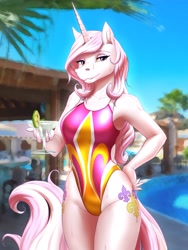 Size: 3072x4096 | Tagged: safe, alternate version, artist:mykegreywolf, derpibooru import, fleur-de-lis, anthro, unicorn, alcohol, armpits, bedroom eyes, bikini, both cutie marks, breasts, clothes, curvy, cutie mark on clothes, cutie mark swimsuit, drink, dripping, eyelashes, eyeshadow, female, fleur-de-seins, glass, hand on hip, high-cut clothing, lips, long nails, looking at you, makeup, mare, margarita, miss fleur is trying to seduce us, one-piece swimsuit, pose, solo, stupid sexy fleur-de-lis, swimming pool, swimsuit, thighs, thong swimsuit, wet, wet mane, wide hips