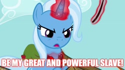 Size: 1280x720 | Tagged: safe, derpibooru import, edit, edited screencap, screencap, trixie, pony, unicorn, magic duel, alicorn amulet, female, magic, mare, telekinesis, text