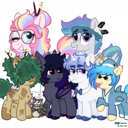 Size: 1773x1773 | Tagged: safe, artist:pink-pone, derpibooru import, oc, oc only, oc:barnaby, oc:ivory (pink-pone), oc:onyx, oc:rio, oc:sketch book, oc:twigg, bat pony, pegasus, pony, raccoon, unicorn, bowtie, clothes, colt, female, filly, foal, glasses, male, mare, one eye closed, onesie, reference sheet, shirt, simple background, sweater vest, white background, wink