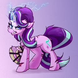 Size: 4000x4000 | Tagged: safe, artist:witchtaunter, derpibooru import, starlight glimmer, pony, unicorn, absurd resolution, angry, chest fluff, commission, ear fluff, ears, electricity, eye clipping through hair, eyebrows, eyebrows visible through hair, female, floppy ears, frown, gradient background, gritted teeth, injured, looking at you, magic, mare, raised hoof, raised leg, solo, teeth