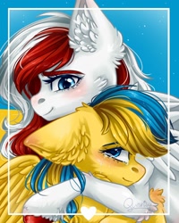 Size: 1600x2000 | Tagged: safe, artist:querisyart, derpibooru import, oc, oc only, oc:poland, oc:ukraine, pegasus, pony, crying, current events, duo, ear fluff, ears, female, hug, looking at each other, looking at someone, mare, nation ponies, poland, ponified, ukraine, wings