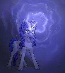 Size: 3200x3600 | Tagged: safe, artist:stardustspix, oc, oc:coral eve, pony, unicorn, fallout equestria, fallout equestria: murky number seven, angry, ear fluff, ears, glowing eyes, glowing horn, horn, magic, magic aura, solo, twin braids, unshorn fetlocks