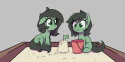 Size: 361x179 | Tagged: safe, ponerpics import, oc, oc:anon filly, earth pony, pony, aggie.io, female, filly, foal, mare, sandbox, sandcastle, simple background, sitting, smiling