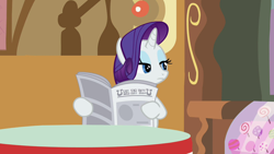 Size: 1280x720 | Tagged: safe, derpibooru import, screencap, rarity, pony, unicorn, ponyville confidential, season 2, female, foal free press, hub logo, hubble, implied facepalm, lidded eyes, looking at something, mare, newspaper, rarity is not amused, reaction image, solo, stare, sugarcube corner, unamused