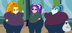 Size: 2560x1200 | Tagged: safe, artist:neongothic, derpibooru import, adagio dazzle, aria blaze, sonata dusk, equestria girls, adagio wobble, aria blob, bbw, belly, big belly, butt, chubby cheeks, clothes, cute, diabetes, double chin, fat, fat fetish, female, fetish, food, hoodie, large butt, morbidly obese, obese, smiling, sonataco, sonatubby, ssbbw, taco, the dazzlings, thighs, thunder thighs, weight gain, wide hips