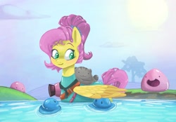 Size: 2360x1640 | Tagged: safe, artist:smirk, derpibooru import, fluttershy, pegasus, belt, clothes, crossover, pond, ponytail, slime, slime rancher, water