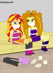 Size: 1280x1761 | Tagged: safe, artist:robukun, derpibooru import, adagio dazzle, sunset shimmer, equestria girls, bondage, bound and gagged, cloth gag, clothes, gag, help, help me, looking at each other, looking at someone, oh no, rope, rope bondage, ropes, sad, scared, shipping, shipping fuel, smiling, smirk, snark, sofa, tied up, worried