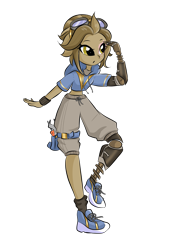 Size: 2750x4000 | Tagged: safe, artist:wenraz, derpibooru import, oc, oc only, oc:tinker (ice1517), cyborg, equestria girls, amputee, belt, clothes, commission, equestria girls-ified, eye scar, female, goggles, high res, hoodie, icey-verse, midriff, offspring, parent:derpy hooves, parent:doctor whooves, parents:doctorderpy, prosthetic leg, prosthetic limb, prosthetics, scar, screwdriver, shoes, shorts, simple background, sneakers, socks, solo, tanktop, transparent background, wrench, wristband
