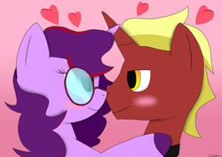 Size: 1024x724 | Tagged: safe, artist:starsingermlp, derpibooru import, oc, oc:aramau, oc:firebrand, pony, unicorn, 2018, blushing, boop, cute, duo, duo male and female, female, firemau, glasses, gradient background, heart, horn, looking at each other, looking at someone, male, mare, noseboop, oc x oc, ocbetes, shipping, smiling, smiling at each other, stallion, straight, unicorn oc