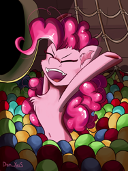 Size: 1560x2080 | Tagged: safe, artist:yuris, derpibooru import, pinkie pie, earth pony, pony, amusement park, ball, ball pit, belly button, chest fluff, eyes closed, fangs, female, open mouth, open smile, smiling, solo