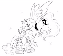 Size: 3213x2894 | Tagged: safe, artist:lummh, derpibooru import, princess luna, twilight sparkle, twilight sparkle (alicorn), unicorn twilight, oc, oc:princess tempora, alicorn, pony, unicorn, simple background, white background