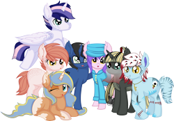 Size: 10185x7079 | Tagged: safe, artist:cyanlightning, derpibooru import, oc, oc:brisk bully, oc:brushed light, oc:bubble fabric, oc:digital wrench, oc:dusk bolt, oc:love poison, oc:moonlit sun, alicorn, cat, cat pony, earth pony, original species, pony, unicorn, .svg available, :p, absurd resolution, clothes, ear fluff, ears, female, flying, glasses, hat, looking at you, male, mare, ponytail, simple background, sitting, solo, spread wings, stallion, tongue, tongue out, transparent background, vector, wings