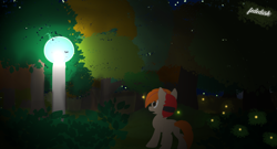 Size: 7572x4080 | Tagged: safe, artist:fededash, derpibooru import, oc, oc only, oc:fededash, firefly (insect), insect, pegasus, pony, forest, lamp, night, open mouth, pegasus oc, stars, streetlight