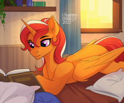 Size: 960x800 | Tagged: safe, artist:chamommile, derpibooru import, oc, oc only, oc:sunfire, alicorn, alicorn oc, bed, book, commission, horn, pillow, reading, window, wings, ych result