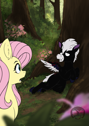 Size: 935x1323 | Tagged: safe, artist:calena, derpibooru import, fluttershy, oc, oc:peter pegasus, pegasus, pony, blood, blurry background, crossover, fanfic art, fantasia, forest, injured, looking at each other, looking at someone, offscreen character, tree, wings