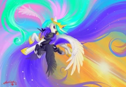 Size: 2048x1425 | Tagged: safe, artist:paipaishuaige, derpibooru import, princess celestia, princess luna, alicorn, pony, abstract background, beautiful, color porn, crown, cute, cutelestia, duo, duo female, dutch angle, ears back, ethereal mane, ethereal tail, eyes closed, featured image, female, flying, full color, galaxy mane, happy, hoof shoes, horizon, horn, impossibly long mane, impossibly long tail, jewelry, large wings, lidded eyes, long mane, looking at someone, lunabetes, mare, necklace, open mouth, open smile, outdoors, realistic wings, regalia, royal sisters, siblings, sisters, smiling, spread wings, starry mane, sunrise, sunset, tail, wallpaper, wings