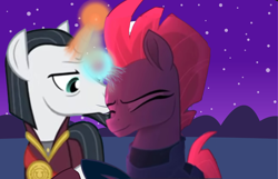 Size: 4000x2575 | Tagged: safe, artist:decokelow, derpibooru import, edit, edited screencap, screencap, chancellor neighsay, fizzlepop berrytwist, tempest shadow, pony, unicorn, armor, clothes, eyes closed, female, glowing, glowing horn, holding hooves, horn, horseshoes, kissing eyelid, looking at someone, male, mare, night, robe, shipping, shipping fuel, stallion, straight, tempest neighsay