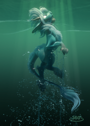 Size: 704x985 | Tagged: safe, artist:v747, derpibooru import, oc, oc only, kirin, blank eyes, bubble, commission, crepuscular rays, leonine tail, looking up, ocean, open mouth, signature, simple background, solo, sunlight, swimming, tail, underwater, water