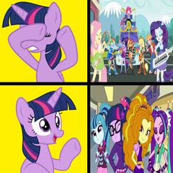 Size: 1300x1300 | Tagged: safe, artist:bigpurplemuppet99, artist:mlpfan3991, derpibooru import, adagio dazzle, applejack, aria blaze, big macintosh, fluttershy, pinkie pie, rainbow dash, rarity, sci-twi, sonata dusk, sunset shimmer, twilight sparkle, twilight sparkle (alicorn), alicorn, pony, eqg summertime shorts, equestria girls, father knows beast, get the show on the road, school daze, approval, disapproval, hotline bling, humane five, humane seven, humane six, meme, ponied up, sonic rainboom, the dazzlings, the rainbooms