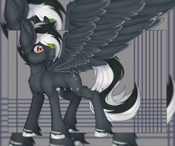 Size: 1024x850 | Tagged: safe, artist:inarimayer, derpibooru import, oc, oc only, pegasus, pony, ear fluff, ears, eyepatch, looking back, pegasus oc, solo, unshorn fetlocks, zoom layer