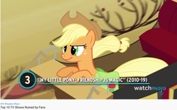 Size: 1305x813 | Tagged: safe, derpibooru import, edit, edited screencap, screencap, applejack, earth pony, pony, the last roundup, applejack's hat, clothes, cowboy hat, female, hat, list, mare, meta, smiling, smirk, solo, watchmojo.com, youtube