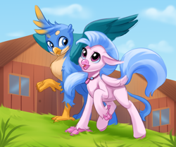 Size: 3000x2500 | Tagged: safe, artist:kittytitikitty, derpibooru import, gallus, silverstream, griffon, hippogriff, cute, female, gallstream, grass, jewelry, looking at each other, looking at someone, male, necklace, shipping, spread wings, straight, talons, walking, wings