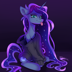 Size: 2000x2000 | Tagged: safe, artist:mochalula, derpibooru import, princess luna, pony, unicorn, :p, clothes, ear fluff, ears, female, high res, horn, looking at you, mare, off shoulder, off shoulder sweater, signature, simple background, sitting, smiling, smiling at you, solo, sweater, tail, tongue, tongue out